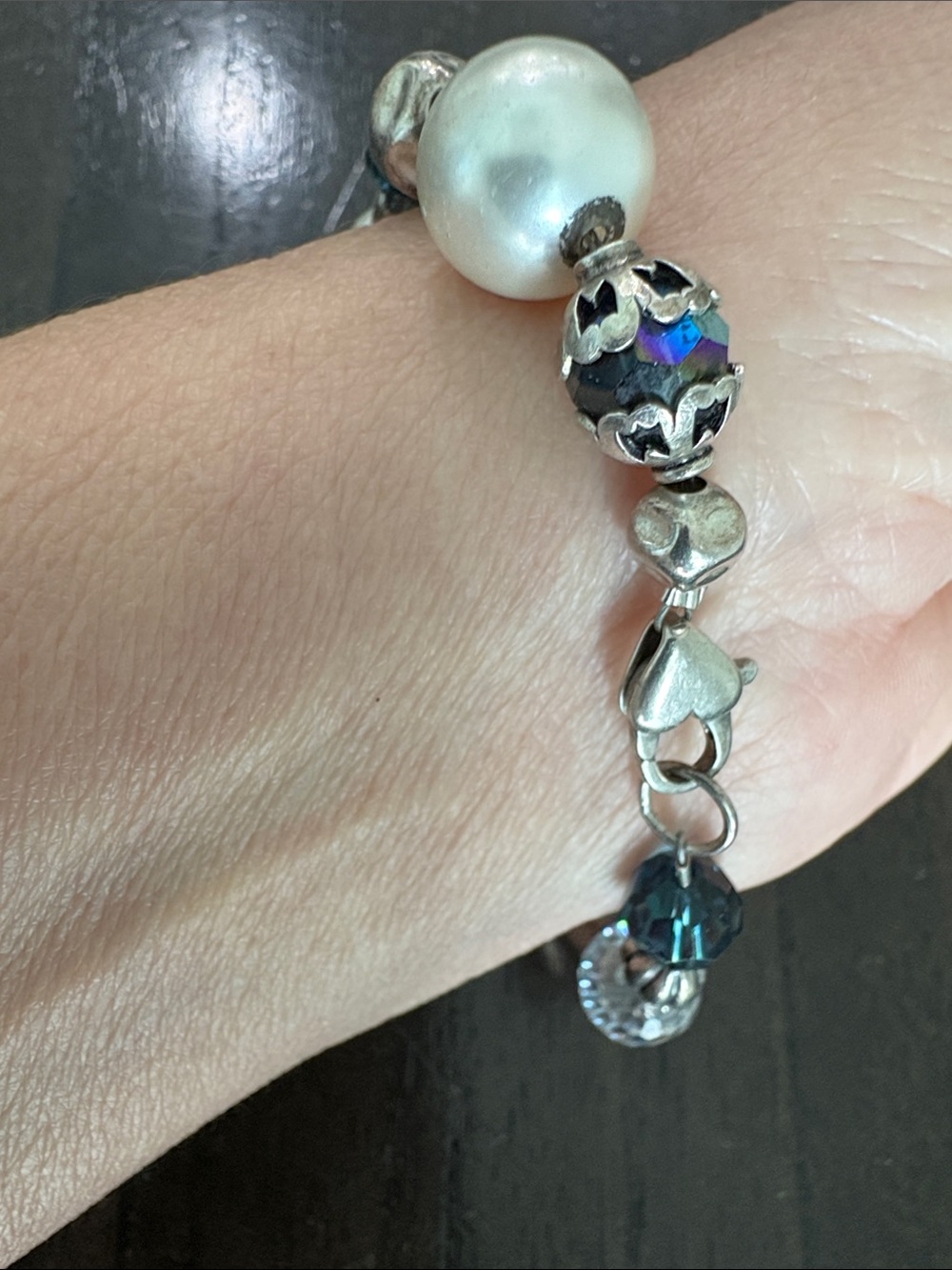 Sterling Silver Heart Charm Bracelet with Pearl and Iridescent Blue Beads